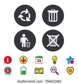 Recycle bin icons. Reuse or reduce symbols. Human throw in trash can. Recycling signs. Calendar, Information and Download signs. Stars, Award and Book icons. Light bulb, Shield and Search. Vector