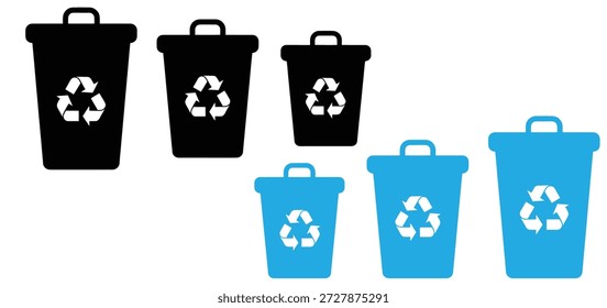 Papierkorb-Symbole, Vektorgrafik-Set, Schwarz und Blau Abfalltonnen mit Recycling-Symbol, Abfallwirtschaft und Ökologie Concept Illustration, Recycling-Symbol und Abfallsymbol, Recycling-Zeichen, Recycling-Symbol