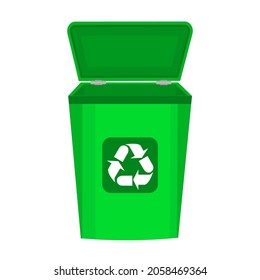 Recycle bin isolated on white background. Empty rubbish container with reuse use sign. Blank green trash can with recycle waste symbol. Rubbish box front view.Garbage dustbin.Stock vector illustration