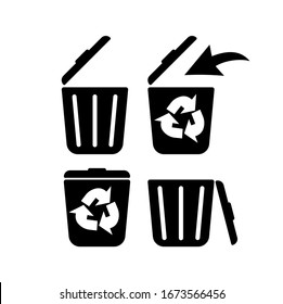 Papelera de reciclaje, papelera, papelera de reciclaje ecológico o basurero. Icono de fondo blanco aislado de conjunto negro. Vector EPS 10.
