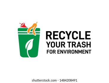 Recycle bin logo design with green trash bin full of peeled fruit like banana and apple logo design