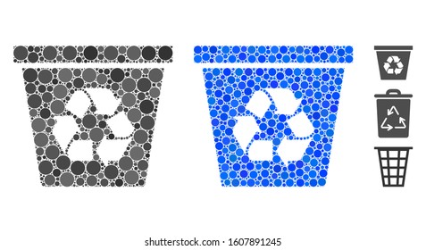 Recycle bin mosaic of round dots in different sizes and color tints, based on recycle bin icon. Vector round dots are combined into blue mosaic. Dotted recycle bin icon in usual and blue versions.