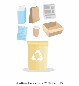 Recycle bin with paper waste, set of paper trash elements with trash bin