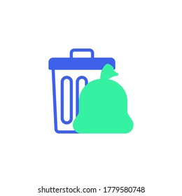 Recycle Bin and Plastic Bag icon vector, filled flat sign, trash bag and garbage bin bicolor pictogram, green and blue colors. Symbol, logo illustration