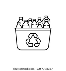 Recycle bin with plastic bottles black line icon. Pictogram for web page, mobile app, promo.