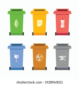 Recycle bin plastic, metal, glass, paper, kitchen waste object elements flat design vector illustration