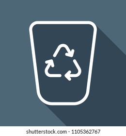 Recycle bin, reuse symbol on wastebasket. Linear, thin outline. White flat icon with long shadow on background