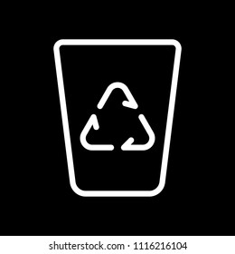 Recycle bin, reuse symbol on backet. Linear, thin outline. White icon on black background. Inversion