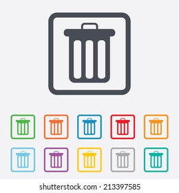 Recycle bin sign icon. Bin symbol. Round squares buttons with frame. Vector