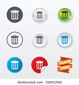 Recycle bin sign icon. Bin symbol. Circle concept buttons. Metal edging. Star and label sticker. Vector