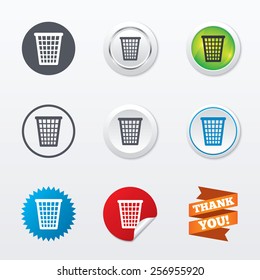 Recycle bin sign icon. Bin symbol. Circle concept buttons. Metal edging. Star and label sticker. Vector