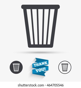 Recycle bin sign icon. Bin symbol. Flat icons. Buttons with icons. Thank you ribbon. Vector