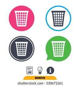 Recycle bin sign icon. Bin symbol. Report document, information sign and light bulb icons. Vector