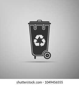 Recycle bin with recycle symbol icon isolated on grey background. Trash can icon. Flat design. Vector Illustration