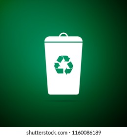 Recycle bin with recycle symbol icon isolated on green background. Trash can icon. Flat design. Vector Illustration