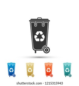 Recycle bin with recycle symbol icon isolated on white background. Trash can icon. Set elements in colored icons. Flat design. Vector Illustration
