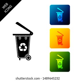 Recycle bin with recycle symbol icon isolated on white background. Trash can icon. Garbage bin sign. Recycle basket icon. Set icons colorful square buttons. Vector Illustration