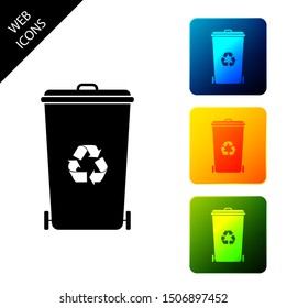 Recycle bin with recycle symbol icon isolated on white background. Trash can icon. Garbage bin sign. Recycle basket icon. Set icons colorful square buttons. Vector Illustration