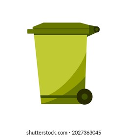 Recycle bin for trash and garbage. Street plastic wheelie waste bin. Rubbish container. Green color icon of dumpster isolated on white background. Vector