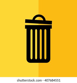 Recycle bin vector icon. Black trash can. Yellow background