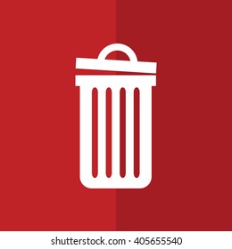 Recycle bin vector icon. White trash can. Red background