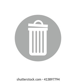 Recycle bin vector icon. White trash can. Gray circle. Gray button