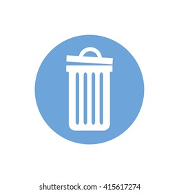 Recycle bin vector icon. White trash can. Blue circle. Blue button