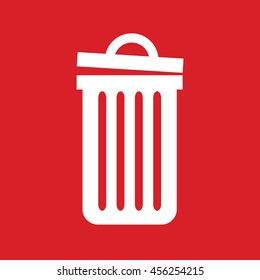 Recycle bin vector icon. White trash can. Red background