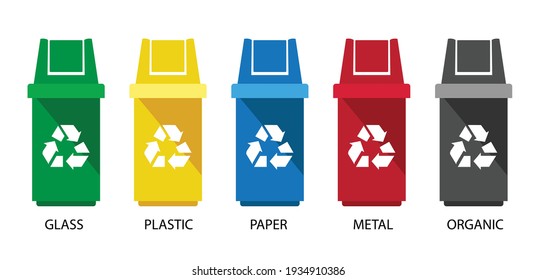 Recycle bin vector illustrations. Glass, Plastic, organic, paper and metal, recycling sorts categories, vector design.
