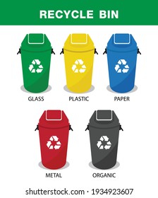 Recycle bin vector illustrations. Glass, Plastic, organic, paper and metal, recycling sorts categories, vector design.