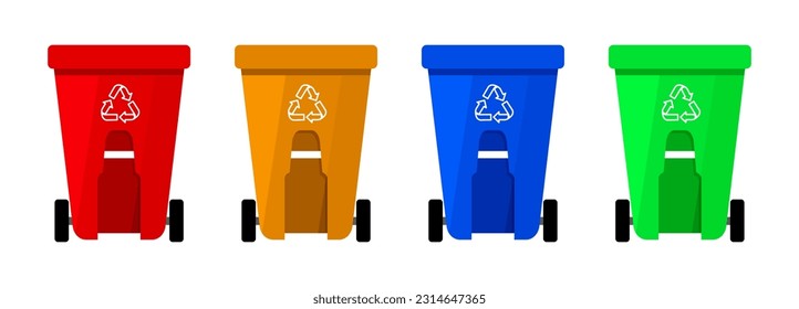 Vector de papelera de reciclaje. Bins de reciclado rojos, amarillos, azules y verdes para clasificar los residuos