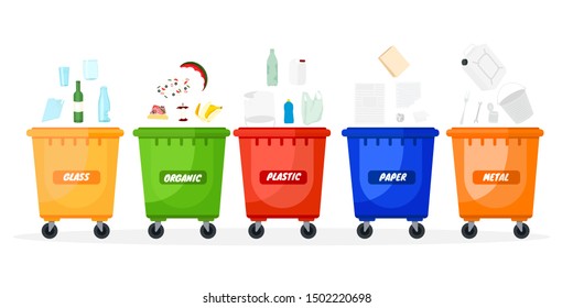 Recycle bins. Colorful recycle plastic bins. Collection of colorful separation recycle bins. Containers for sorting waste. Different colored recycle waste bins, each bin holds a different material. 