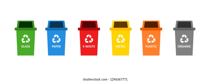 recycle bins colorful symbol isolated on white background vector illustration. wheeled garbage bin and types of trash.