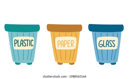 Recycle bins. Garbage cans with sorted garbage set. Waste sorting. Plastic, glass, paper. Environmental protection. Go green. Vector cartoon illustration