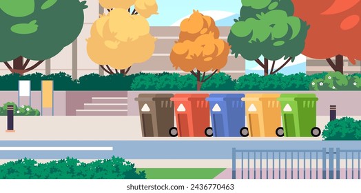 Recycle bins on the modern street. Garbage sorting concept flat illustration