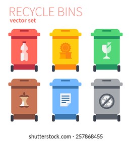 Recycle bins plastic, metal, glass, kitchen waste, paper, waste rest. Flat vector illustration.