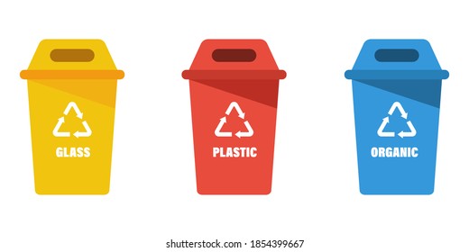 Recycle bins set. Different waste box set. Waste box set. Trash bins. Flat recycle box for paper design. Vector flat illustration. Pollution concept. Recycling concept. EPS 10