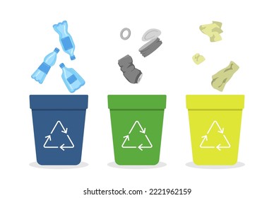 Recycle bins with sorted trash vector illustrations set. Trashcans with plastic bottles, aluminum cans and paper isolated on white background. Environment, ecology, zero waste, pollution concept