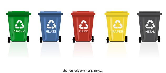 Recycle Bins.Green,blue,red,yellow and black Recycle Bins with recycle waste symbol on isolate background.