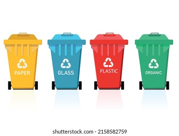 Recycle Bins.Green,blue,red,yellow and black Recycle Bins with recycle waste symbol on isolate background.