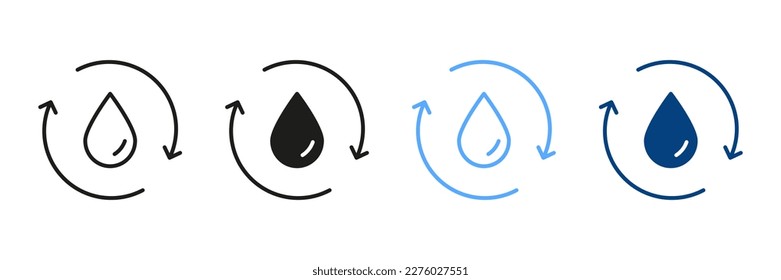 Recycle Black and Color Symbol Collection. Save World Concept. Recycle or Reuse Water Silhouette and Line Icon Set. Water Drop with Circular Arrows. Renew of Liquid. Vector Isolated Illustration.