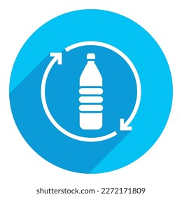 Reciclar la botella. icono plano. diseño de sombra larga. fondo azul.