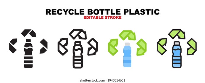 Recycle bottle plastic icon set with different styles. Icons designed in filled, outline, flat, glyph and line colored. Editable stroke and pixel perfect. Can be used for web, mobile, ui and more.