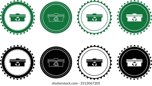 Recycle Box icon set. Ecology Stamps. Environment, sustainability, nature, recycle, renewable energy; electric bike, eco-friendly, forest, wind power, green symbol. Solid icons vector collection.