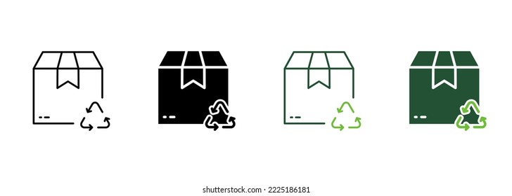 Icono de línea y silueta de paquete de caja de reciclaje. Pictograma de paquete de cartón orgánico reutilizable. Símbolo de paquete sustentable ecológico de reciclaje de flecha triangular. Stroke editable. Ilustración de vectores aislados.