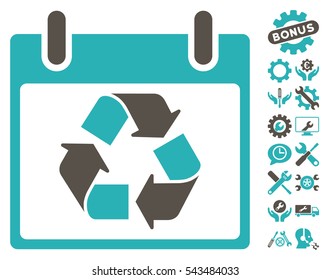 Recycle Calendar Day icon with bonus configuration clip art. Vector illustration style is flat iconic symbols, grey and cyan, white background.
