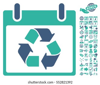 Recycle Calendar Day icon with bonus calendar and time management clip art. Vector illustration style is flat iconic symbols, cobalt and cyan, white background.