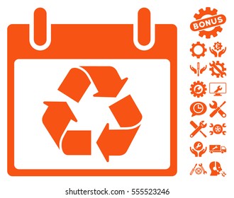 Recycle Calendar Day icon with bonus settings symbols. Vector illustration style is flat iconic symbols, orange, white background.