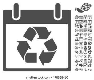 Recycle Calendar Day pictograph with bonus calendar and time management pictograms. Vector illustration style is flat iconic symbols, gray, white background.