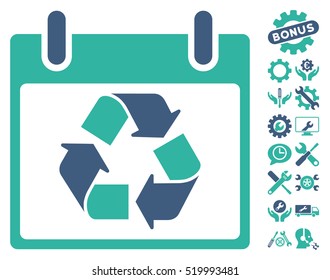 Recycle Calendar Day pictograph with bonus options images. Vector illustration style is flat iconic symbols, cobalt and cyan, white background.